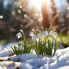 Delicate snowdrop flowers on a snowy forest meadow nature comes to life generative AI
