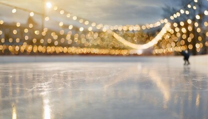 empty ice skating arena festive background with lights reflecting on the surface of the ice on the skating rink winter holidays theme bokeh lights copy space