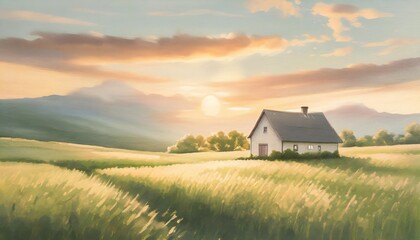 beautiful illustration of a small house in the middle of lush green field