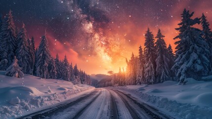 The road leading to a colorful sunrise between snow-covered trees is framed by an epic Milky Way in the sky. - obrazy, fototapety, plakaty