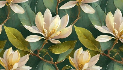 magnolia flowers floral background tropical seamless pattern luxury wallpaper green leaves dark vintage hand painted watercolor 3d illustration printable modern art stylish hd mural tapestry
