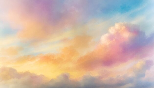 colorful watercolor background of abstract sunset sky with puffy clouds in bright rainbow colors of pink blue yellow orange and purple