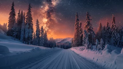 Foto auf Alu-Dibond The road leading to a colorful sunrise between snow-covered trees is framed by an epic Milky Way in the sky. © Praphan