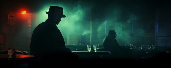 Mysterious informant, hidden in shadows, exchanging secrets with a nervous outsider in a smoke-filled jazz club, watched closely by shady figures