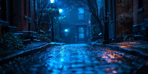 A mysterious and enchanting night scene of a narrow, shiny stone street in a rainy city.