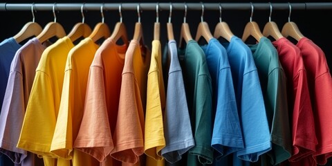 A colorful array of t-shirts on display, showcasing a vibrant collection in a fashion store.