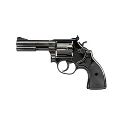 Side view of a black revolver with black grip isolated on a cutout PNG transparent background