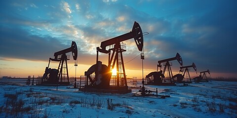 At a winter oilfield, a drilling rig works under the sunset, extracting crude oil.
