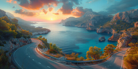 An aerial view captures a vibrant sunset over a curved road along a coastal cliff. - obrazy, fototapety, plakaty