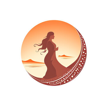 A logo of a mysterious woman with long hair seen from the side within a circle