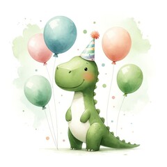 Delightful watercolor illustration of a green dinosaur with a party hat, surrounded by colorful balloons.