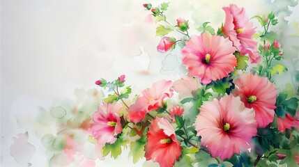 The watercolor painting of pink Hollyhock flowers.
