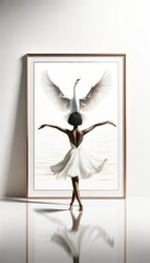 Watercolor illustration of a graceful ballerina mirroring a swan's posture, embodying elegance and freedom.