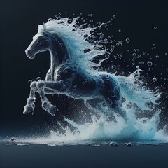 A horse running through bubbly water in a lively manner  An image of a horse running in water with bubbles