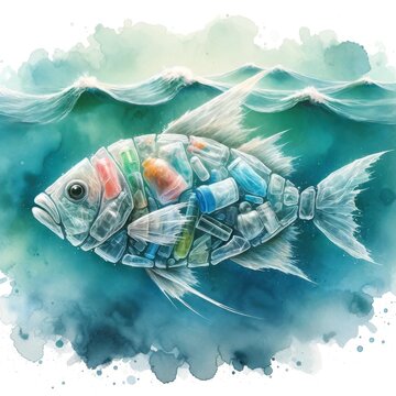 Artistic illustration depicting a fish engulfed in plastic, symbolizing marine pollution.