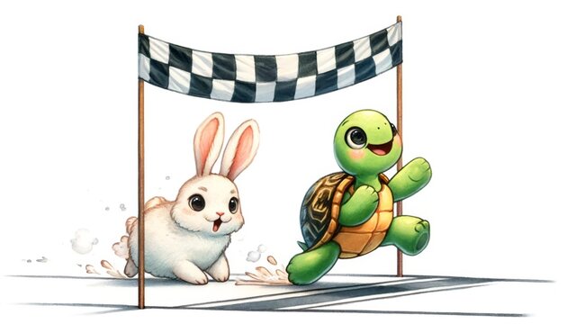Watercolor illustration of a turtle crossing the finish line before a rabbit, alluding to the classic fable.