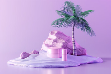3D render of a small palm tree on a sand island with a cosmetic mockup in the style of purple color...