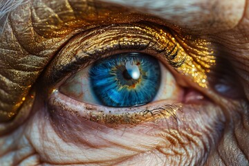 Close up of old woman's blue eye with gold glitter eyeshadow