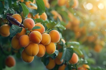 A bunch of ripe apricots hanging on a tree in the orchard. Apricot fruit tree with fruits and leaves. Ukraine