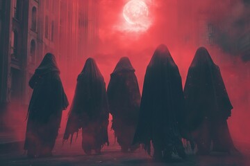 Witches coven in modern city, fantasy urban, mystical and secretive , sci-fi tone