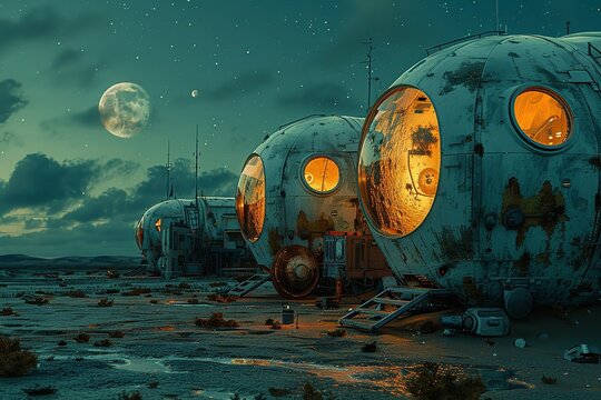 Abandoned lunar colony, photorealistic, silent moonlit, forgotten future , vibrant color