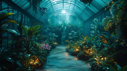 Alien botanical arboretum, luminous, night, extraterrestrial plant life , sci-fi tone - obrazy, fototapety, plakaty
