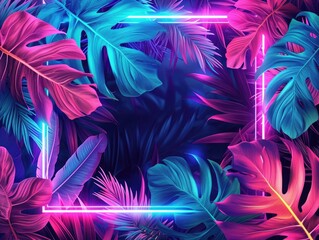 Image portraying a summer background, framed by a glowing neon border and highlighted with fluorescent tropical leaves, The vibrant neon colors bring a dynamic to the natural tropical elements. AI