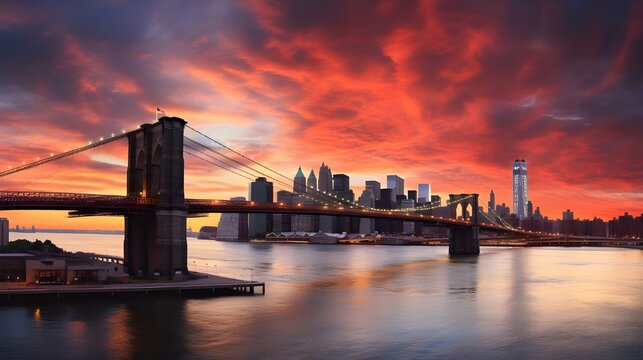 Brooklyn Bridge and Manhattan skyline at sunset New York City USA New York City sunset panorama AI Generated
