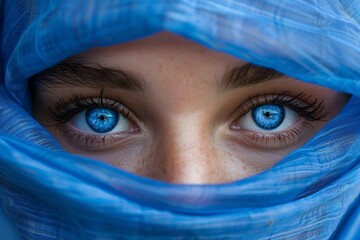 Close up of beautiful blue eyes under an electric blue hijab