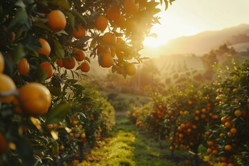 A garden of orange trees at sunset. A ripe crop of citrus fruits on a farm on a summer day