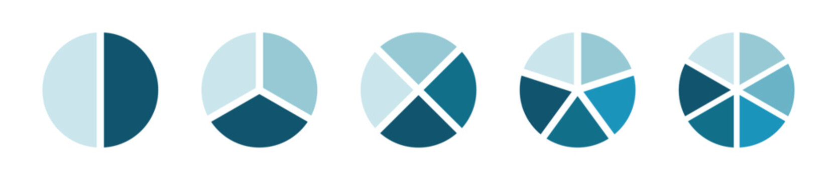 Circle pie charts 2, 3, 4, 5, 6 part, step set. Circuler pie chart, infographics cyan color element set - Vector.