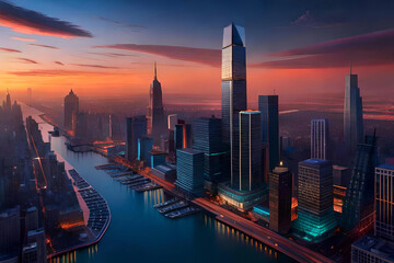 An Enchanting Urban Landscape at Twilight, Where Celestial Splendor Meets Cityscape Intricacy with Generative AI