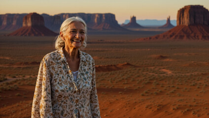 Donna anziana sorride felice durante una vacanza nella Monument Valley negli Stati Uniti d'America - obrazy, fototapety, plakaty