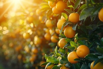 A ripe crop of citrus fruits on a farm on a summer day. A garden of orange trees at sunset