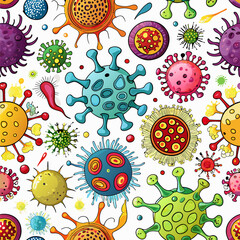 Different Kinds of Viruses. Bacteria Biology Organisms Seamless Pattern - obrazy, fototapety, plakaty
