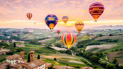Colorful hot air balloons flying over a beautiful Tuscan landscape during a tranquil sunrise or...
