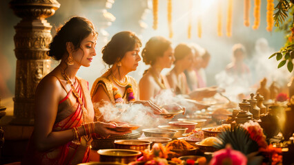 Beautiful Indian women in traditional saris participating in a ceremonial ritual with glowing lights and incense.