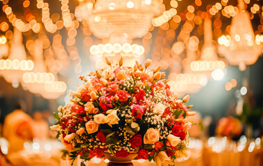 A beautiful bouquet of flowers at a wedding reception, with elegant chandeliers and warm lighting in the background.