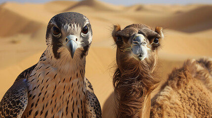 Two birds, one of which is a falcon, are standing next to a camel in the desert