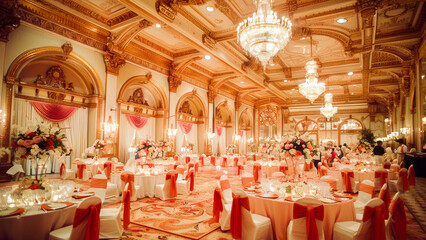 An exquisite banquet hall set for a grand and lavish wedding reception, adorned with elegant floral arrangements and shimmering chandeliers.