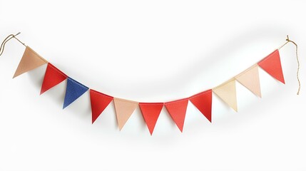 Fototapeta premium Party flag garland isolated on white background with shadow. Colorful flag garland for birthday parties and other celebrations. Colorful knitted party flags on a string