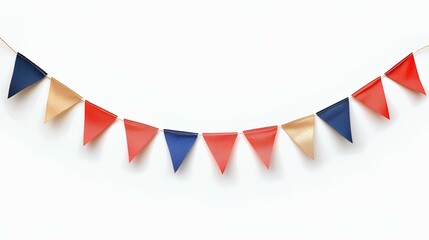 Party flag garland isolated on white background with shadow. Colorful flag garland for birthday parties and other celebrations. Colorful knitted party flags on a string