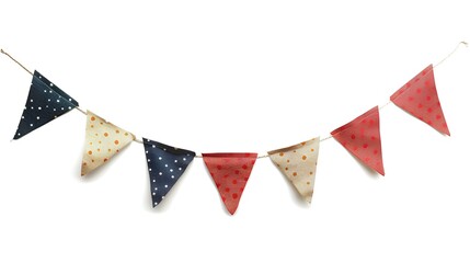 Fototapeta premium Party flag garland isolated on white background with shadow. Colorful flag garland for birthday parties and other celebrations. Colorful knitted party flags on a string