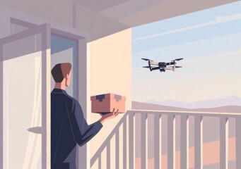 Modern delivery concept illustration with a person receiving a package from a drone on an apartment balcony.
