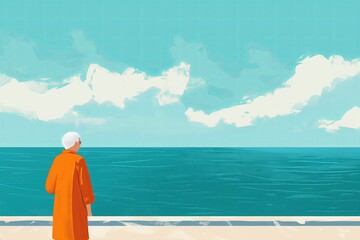 A poignant illustration of an elderly person looking out over the ocean, evoking a sense of reflection and the passage of time. - obrazy, fototapety, plakaty