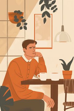 A man lost in thought with a cup of coffee in a cozy cafe setting, illustrated in warm, inviting tones.