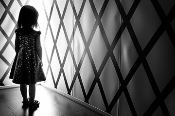 A silhouetted young girl stands in a beam of light, creating a striking visual of innocence and contemplation - obrazy, fototapety, plakaty