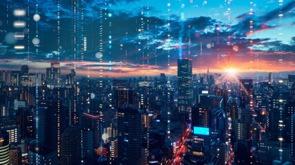 Innovative portrayal of a blockchain-driven futuristic city, reshaping the landscape of urban living AI Image - obrazy, fototapety, plakaty
