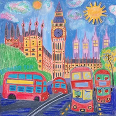 Foto op Canvas A colorful crayon drawing of iconic London, with red buses and Big Ben shining under a cheerful sun © Rade Kolbas