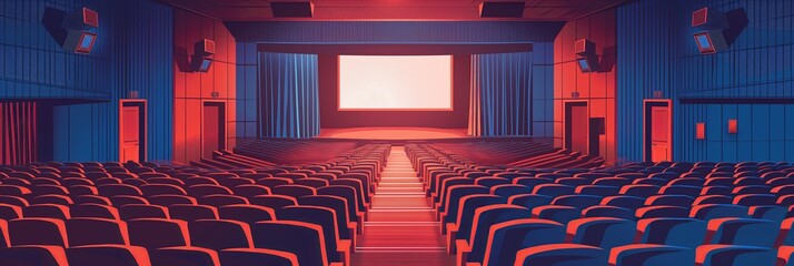 A red-toned illustration of a movie theater's interior, capturing the essence of cinematic experience and entertainment - obrazy, fototapety, plakaty